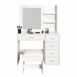 Aga Fésülködőasztal tükörrel és világítással + fehér zsámoly