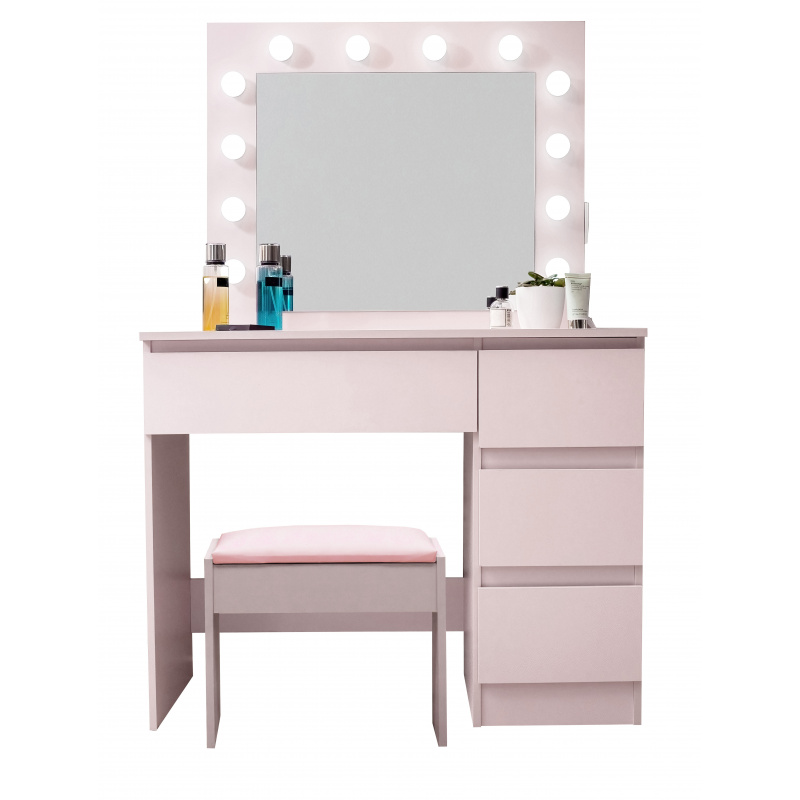 Aga Fésülködőasztal tükörrel, világítással és el.konnektorral + zsámoly Rózsaszín