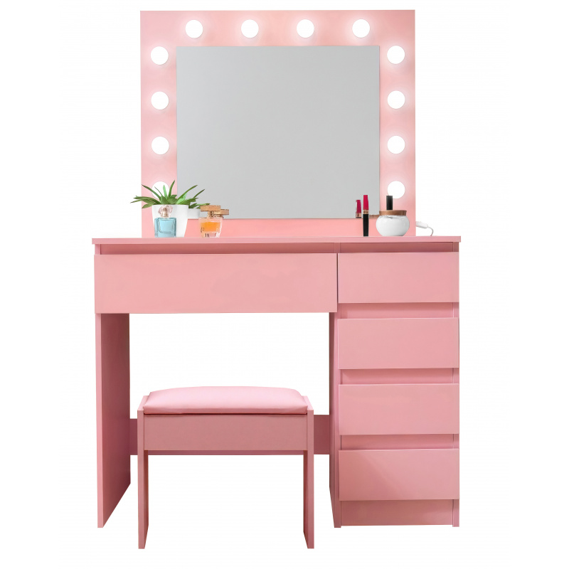 Aga Fésülködőasztal tükörrel és világítással + rózsaszín puff