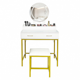Aga Fésülködőasztal tükörrel és világítással + fehér zsámoly
