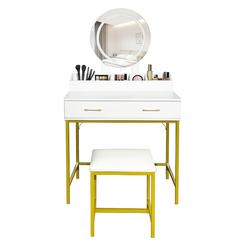 Aga Fésülködőasztal tükörrel és világítással + fehér zsámoly