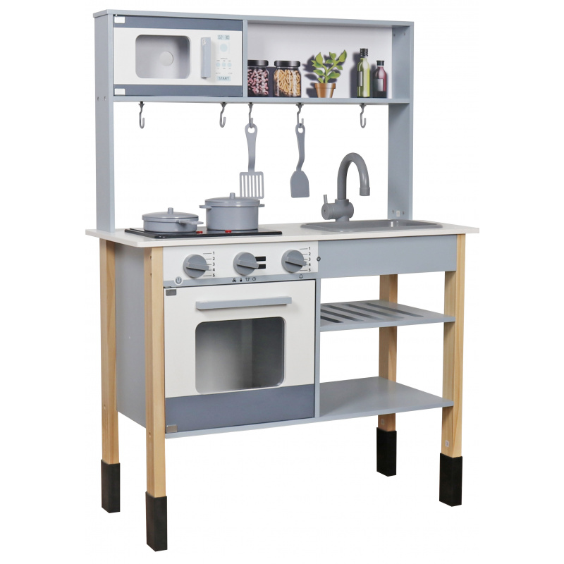 Aga4Kids Fannie Gyerek fa konyha kivehető mosogatóval és megvilágított égőkkel Szürke-fehér