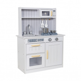 Aga4Kids Gyermek fa konyha Grannie mikrohullámú sütővel, mosogatóval és kamrával Fehér-szürke