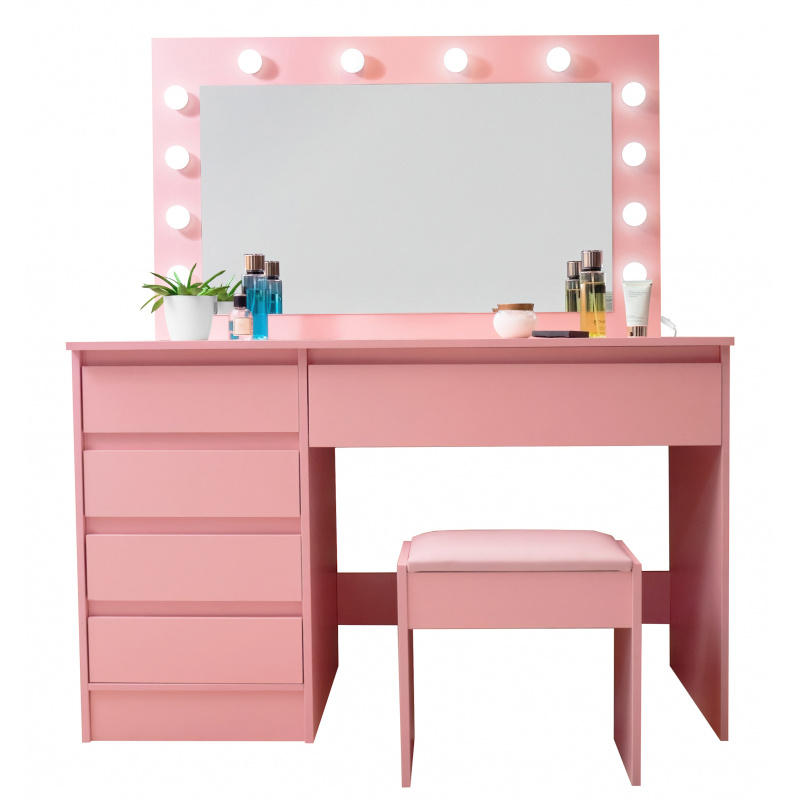 Aga Fésülködőasztal tükörrel és világítással + rózsaszín puff