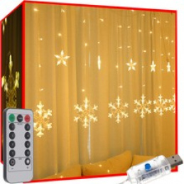 Fényfüggöny hópehely, csillagok 138 LED, USB, távirányító, meleg fehér ISO 19746