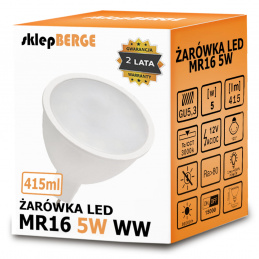 LED izzó 12V - MR16 - 5W - 415 lm - meleg fehér