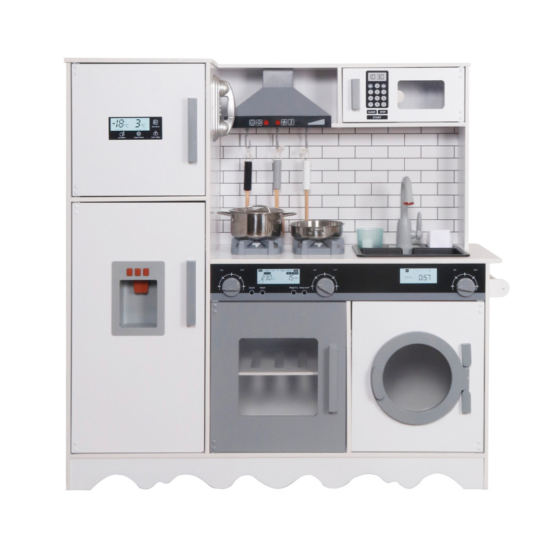 Aga4Kids Gyermek fa konyha Hedwig XXL páraelszívóval, mosógéppel és valósághű effektusokkal Fehér-szürke