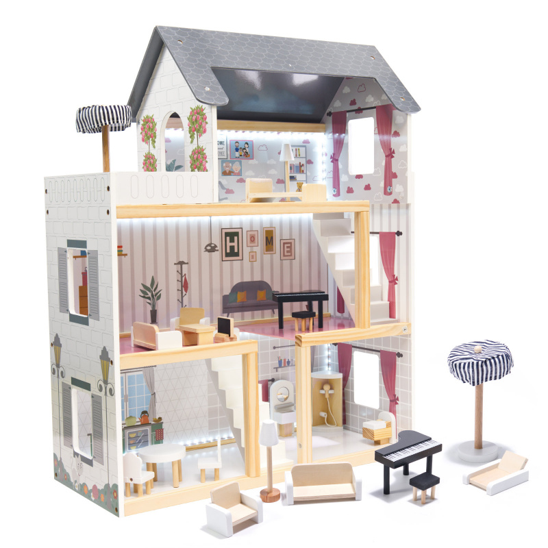 Aga MDF Babaház bútorokkal 78cm LED Fekete