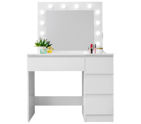 Aga fésülködőasztal tükörrel, világítással és konnektorral Fényes fehér