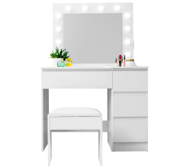 Aga Fényes fehér fésülködőasztal tükörrel, világítással és konnektorral + zsámoly