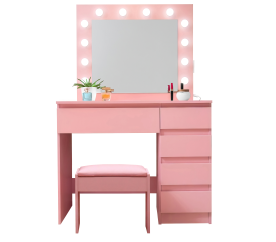 Aga Öltözőasztal tükörrel, világítással és konnektorral + zsámoly Pink