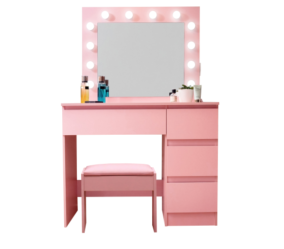 Aga fésülködőasztal tükörrel, világítással és elektromos fiókkal + szék rózsaszín